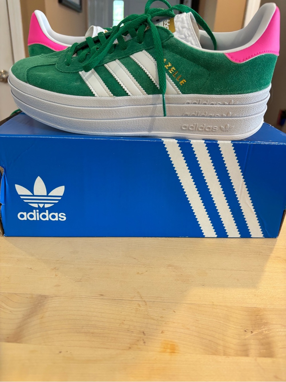 adidas Kids Green Suede Sneakers with Pink Heel Accent